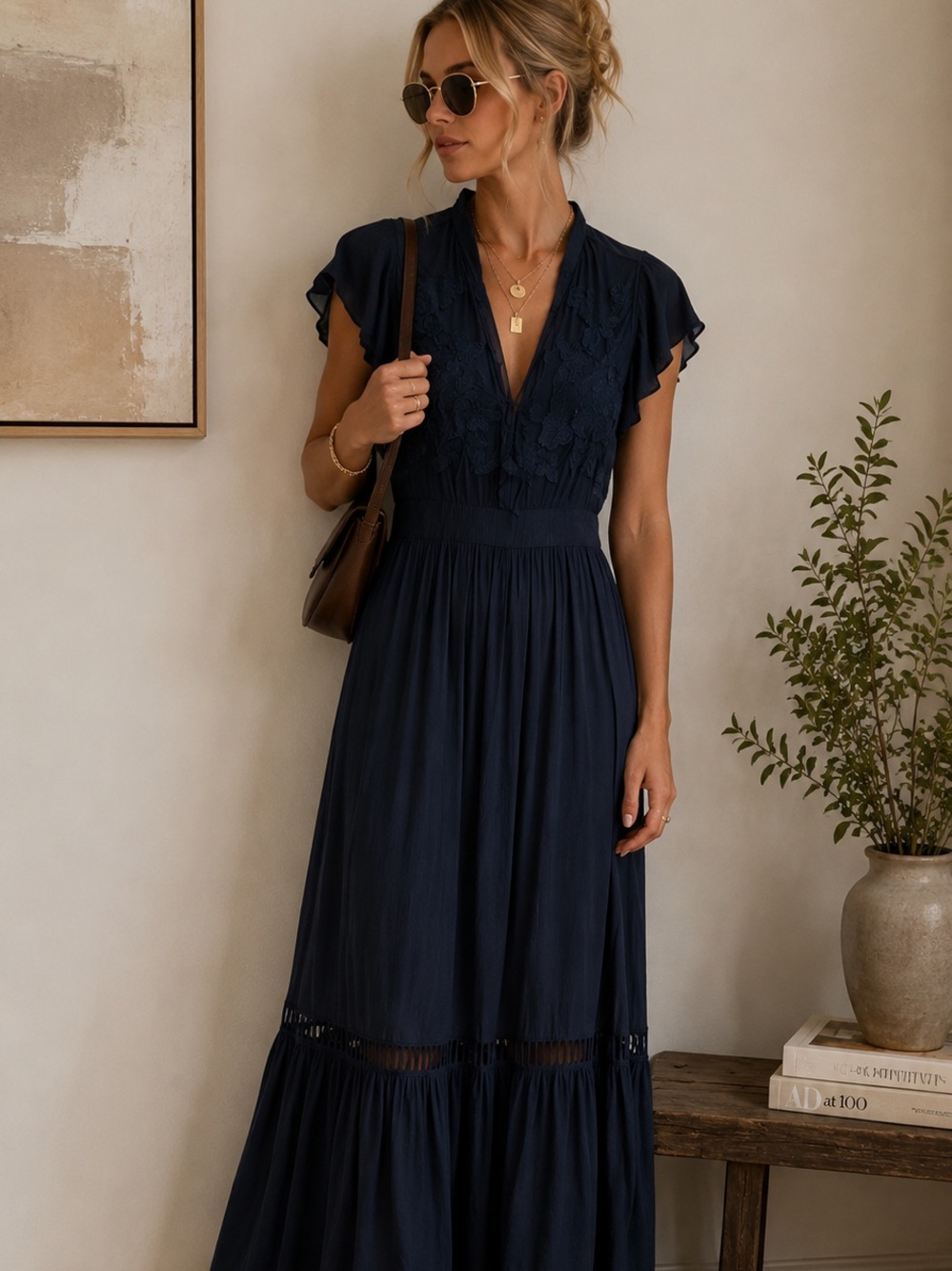 Navy Maxi Dress with Embroidered Bodice